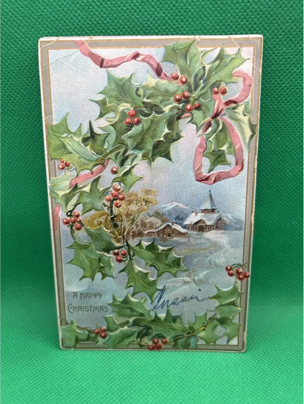 Vintage 1901 Christmas Postcard with Holly and Ribbon Design - Box1